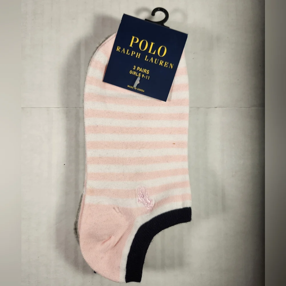 NWT Girl's Polo Ralph Lauren 3 Pairs Light Pink and White Striped Ankle Socks